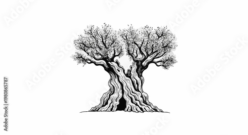 An ancient, gnarled tree with a hollow trunk and dense foliage