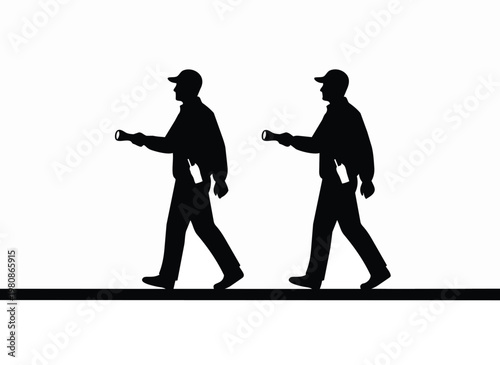 Two security guards walking with flashlights for patrol and safety concept of vigilance and guarding by men in uniform silhouette.