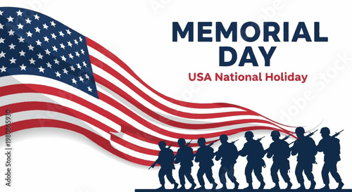 Silhouette of soldiers marching before large waving American flag background