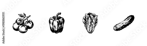 Fresh Harvest Vegetables and Garden Produce with Hand-Drawn Engraving Style and Detailed Hatching