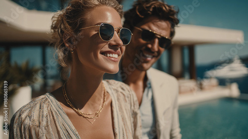 Couple enjoys sunny day by the poolside at a luxurious villa with a yacht in the background