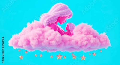 Woman on pink fluffy cloud dreaming.