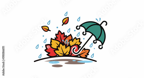 Autumn leaves and raindrops under a teal umbrella