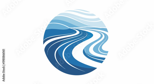 Abstract oval design with flowing blue waves suggesting a river or water flow