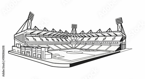 An angular, black and white illustration of a large sports stadium from a birds-eye view