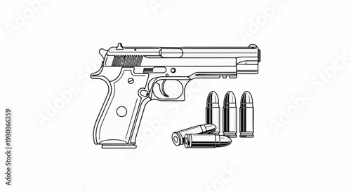 Black and white line art illustration of a handgun and ammunition