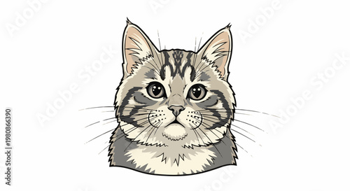 Adorable cartoon tabby cat face with striking grey stripes and big eyes