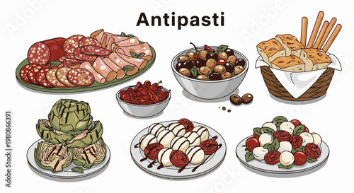 Assortment of Italian appetizers including charcuterie, olives, bread, artichokes