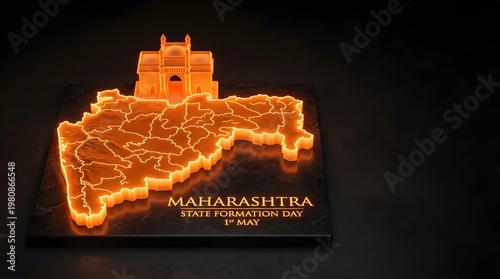 Glowing Maharashtra map with regional outline and landmark highlighting Indian state geography digital neon style representation of location and cultural identity