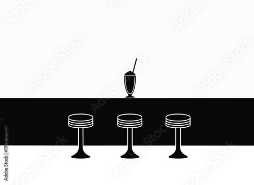 Retro diner with three stools and a milkshake on counter, clean white background illustration.