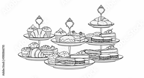 Assortment of pastries and cakes displayed on tiered stands for a celebration