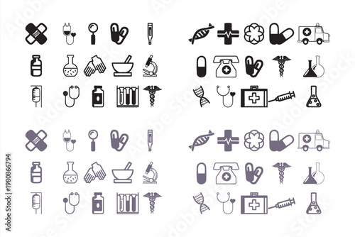 medical items collection. pressure dispenser, flasks, tablets, syringe, cartoon medical instruments first aid kit, gloves. vector cartoon items collection, Cute medical equipment design elements set