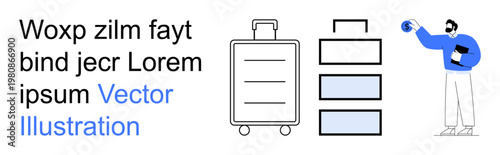Travel, organization, packing tips, global tourism, logistics, efficiency. A suitcase, stacked boxes and a figure holding a globe. Travel and organization concept