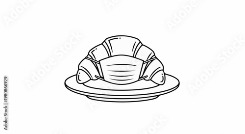 Black and white line drawing of a croissant on a plate wearing a medical mask