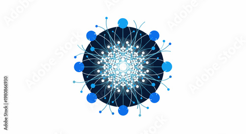 Abstract radial pattern with glowing center and blue spherical elements