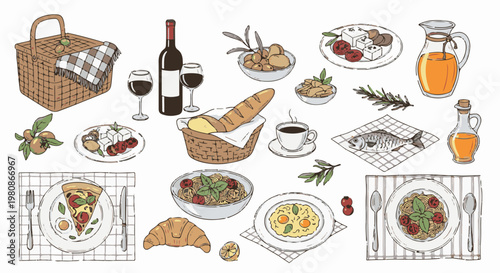 Assortment of Italian-inspired picnic foods, drinks, and tableware