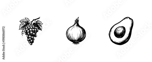 Fresh Vegetables and Organic Fruits Market Produce with Hand-Drawn Inky Brush Strokes and Artistic Freehand Doodles