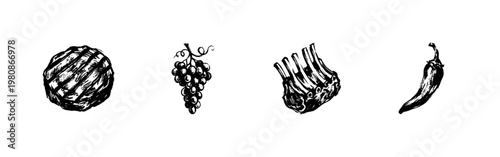 Wine and Meat Gastronomy Elements for Restaurant Menus with Hand-Drawn Inky Brush Strokes and Vintage Ink Wash Aesthetic