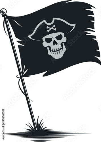 Tattered Black Pirate Flag with Skull and Hat, Waving Black Pirate Flag Silhouette