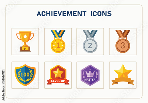 Collection of colorful achievement icons for motivation and success