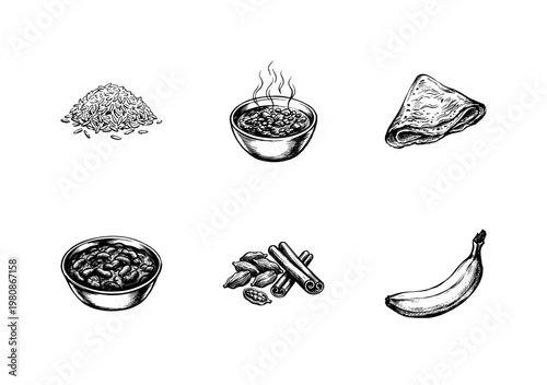 South Indian Cuisine and Traditional Thali Elements with Hand-Drawn Sketchy Style and Fluid Engraving Style