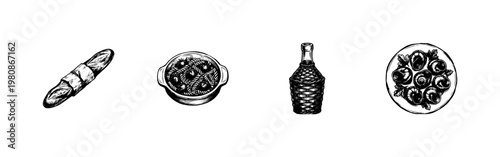 French Cuisine and Gourmet Bistro Ingredients with Hand-Drawn Inky Doodle and Organic Sketchy Textures