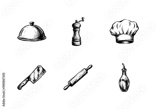 Kitchen Utensils and Culinary Cooking Equipment with Hand-Drawn Inky Brush Strokes and Organic Fluid Sketchy Outlines.