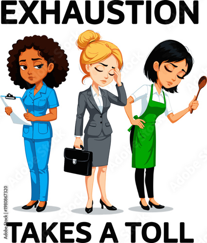 Isolated a realistic kinds of deferent woman who is exhausted vector art with white background.