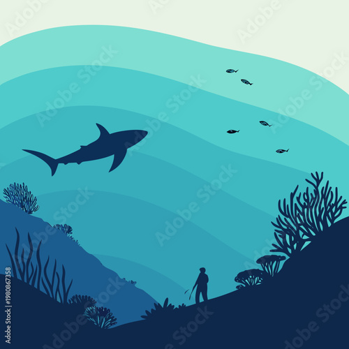 Underwater scene, ocean landscape, shark swimming, diver silhouette, coral reef vector
