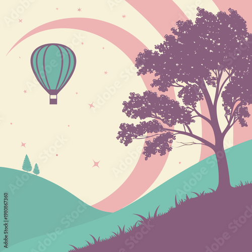 Whimsical landscape, hot air balloon, pastel colored scenery, vector illustration, dreamy scenery