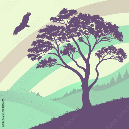 Nature landscape, tree silhouette, rainbow background, vector illustration, scenic view