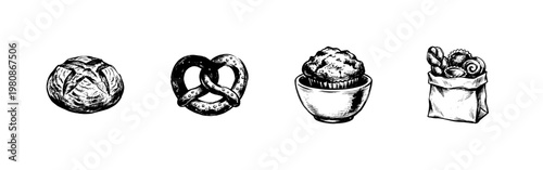 Artisan Bakery Bread and Pastry Labels with Inky Hand-Drawn Brush Strokes and Rustic Calligraphic Flourishes for Food Packaging Design