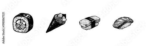 Japanese Sushi and Seafood Cuisine Set with Hand-Drawn Sketchy Style and Fluid Engraving Style