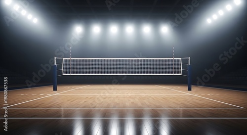 Volleyball Court Lit by Stadium Lights Ready for Action with Sporty Backdrop.