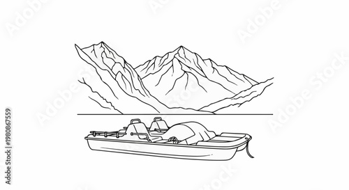 Black and white line drawing of mountains and a pedal boat