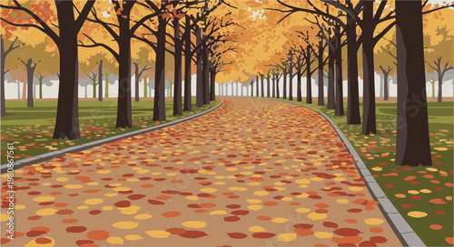 Autumn path lined with trees, fallen leaves carpet the ground