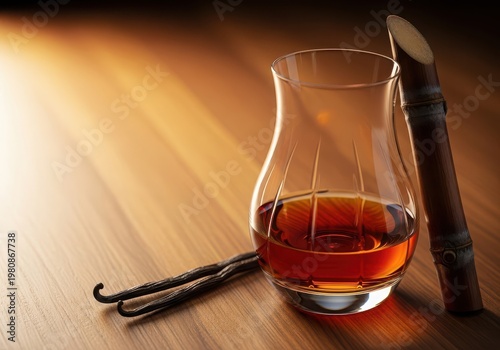 Glass of aged rum with vanilla beans and a piece of sugarcane