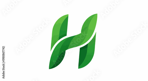 Abstract green letter H with flowing, organic lines and leaf-like texture