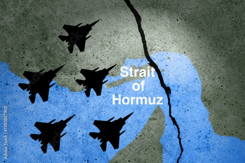 Cracked concrete wall with Strait of Hormuz map. Strait of Hormuz blockade.
