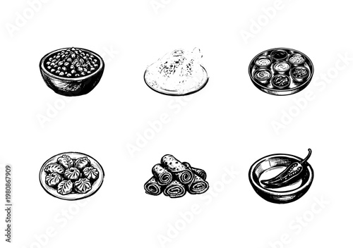 Indian Cuisine and Traditional Food Elements with Hand-Drawn Inky Doodle and Organic Sketchy Texture.