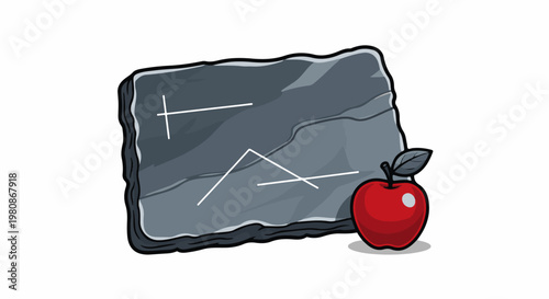 An engraved stone tablet with geometric shapes next to a red apple