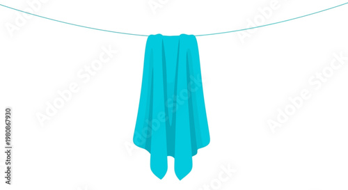 A blue towel hanging on a clothesline, ready to dry. The towel drapes downwards in gentle folds, its color contrasting against the line.