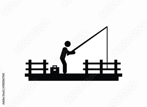 Fisherman on pier fishing with rod and tackle box outdoor recreation vector.