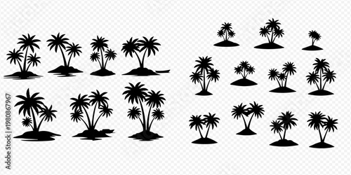 Set of black palm tree silhouettes on small islands, tropical nature vector illustration.