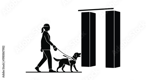Woman walking dog through automatic sliding doors with guide dog assistance, accessible entrance, black silhouette illustration
