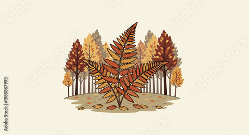Autumnal forest scene with fern and falling leaves