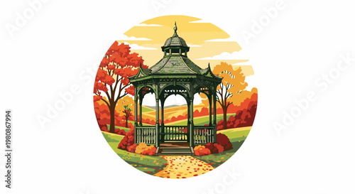Autumnal gazebo scene with colorful foliage and rolling hills