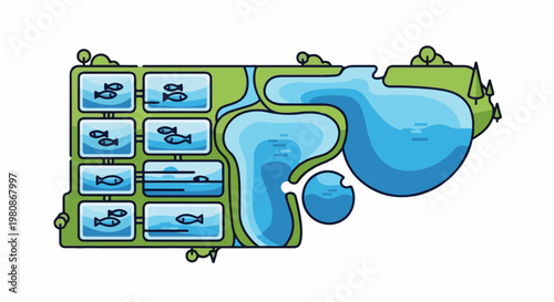 An illustration of fish tanks and natural bodies of water with trees