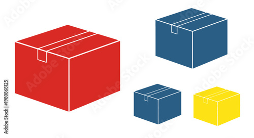 A colorful set of four cardboard boxes, perfect for shipping and storage, with various hues. The boxes are simple, modern, and versatile for diverse content and delivery requirements