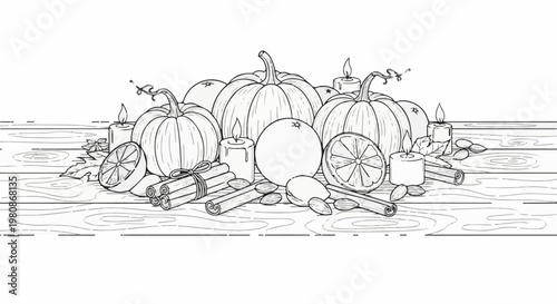 Autumnal still life with pumpkins, citrus, spices, nuts, and lit candles